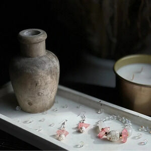 Beaded Stone Jewelry Set Earrings & Stretch Bracelet 7" Pink , Gold/White Stones